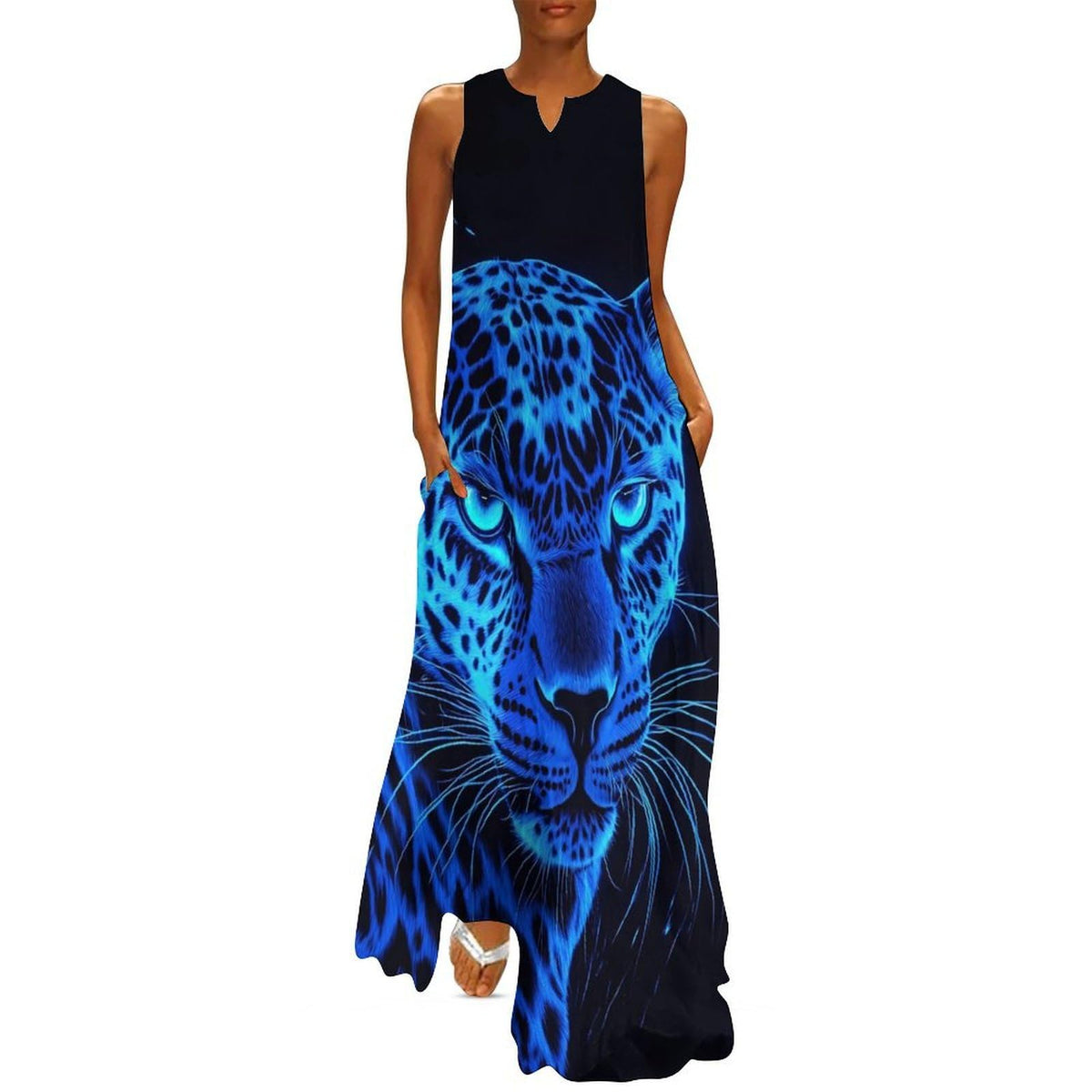 longue d'été léopard bleu lumineux pour femme, sans manches, style décontracté, idéale pour la plage.