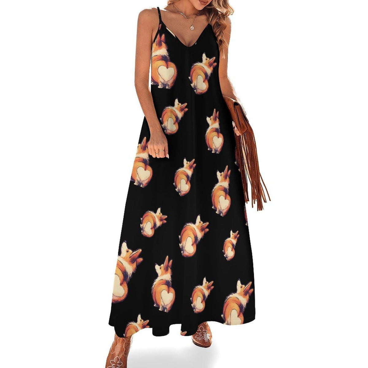maxi d'été sans manches à motif chien mignon, idéale pour la plage.