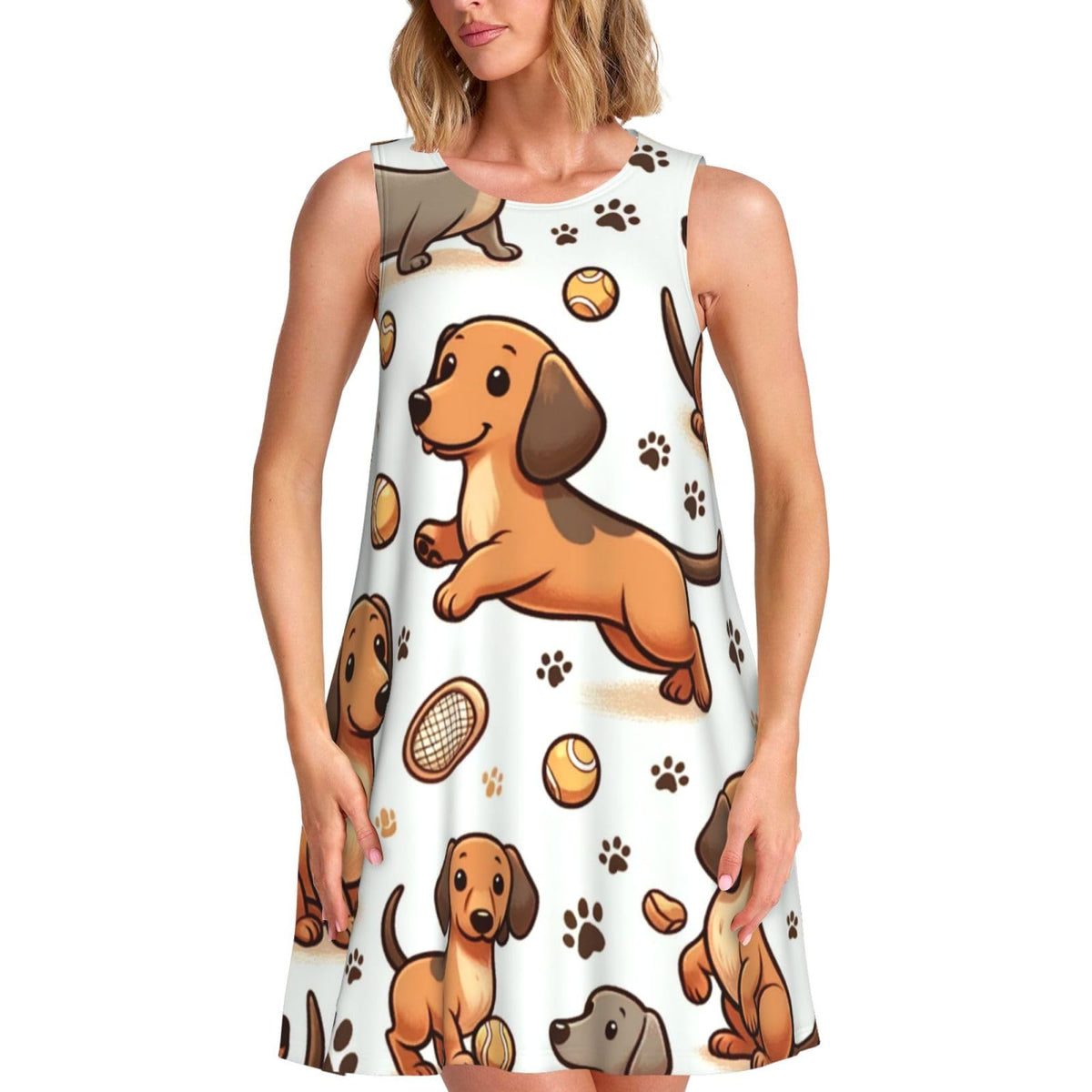 sans manches Augenstern Cheerful-Dachshund-Playground pour femme, avec 2 poches latérales, coupe trapèze.